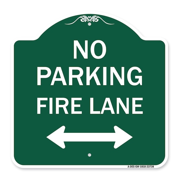 Signmission No Parking Fire Lane W/ Bidirectional Arrow, Green & White Aluminum Sign, 18" x 18", GW-1818-23738 A-DES-GW-1818-23738 - main